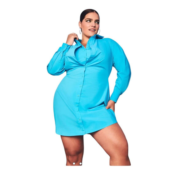 Eloquii Poplin Twofer Shirtdress Front Placket Long Sleeve Mini Size 18 Blue - Picture 4 of 16